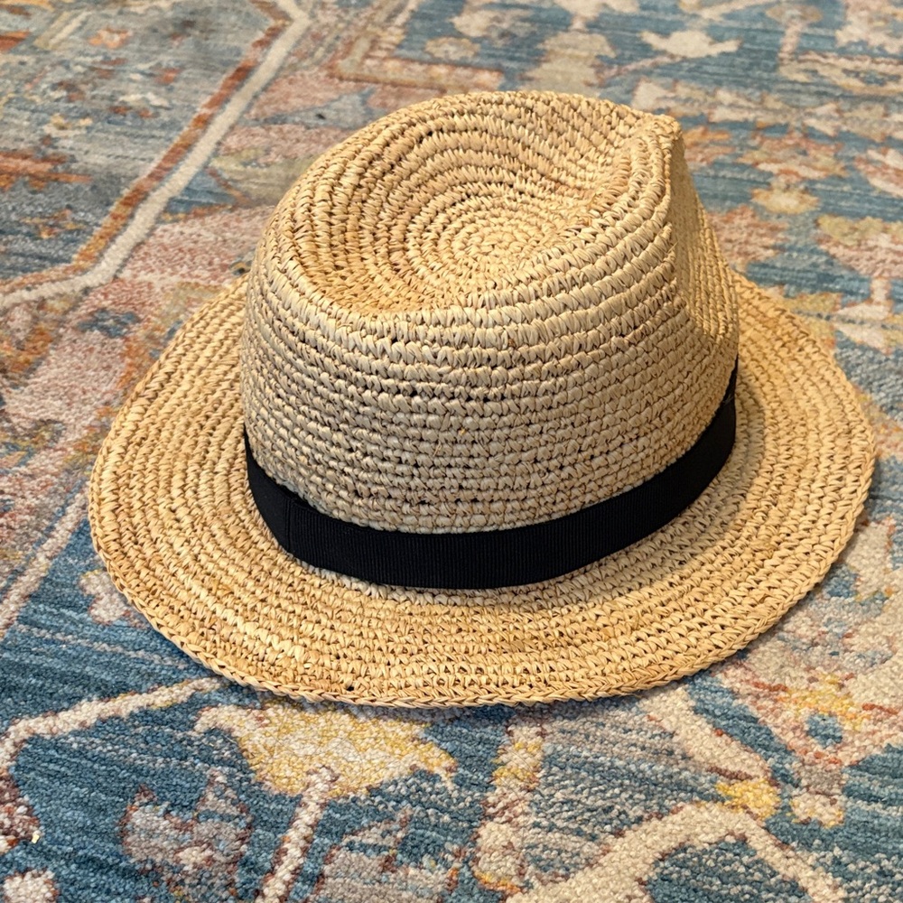 J. CREW Straw Fedora Hat with Black Band - Natural, size S-M